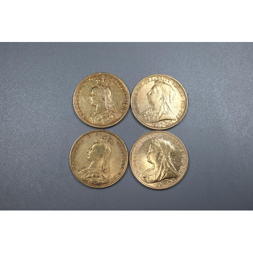 293 - Four Victorian gold full Sovereigns dated 1892, 1893 x2 and 1894.  (4)   (B.P. 21% + VAT)