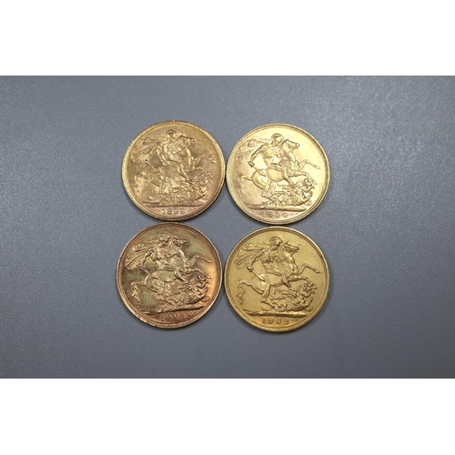 295 - Three Victorian gold full Sovereigns dated 1899, 1900 and 1901, together with Edward VII gold full S... 