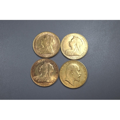 295 - Three Victorian gold full Sovereigns dated 1899, 1900 and 1901, together with Edward VII gold full S... 