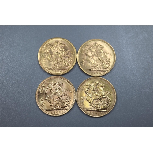 296 - Four Edward VII gold full Sovereigns dated 1903, 1904, 1905 and 1906.  (4)   (B.P. 21% + VAT)