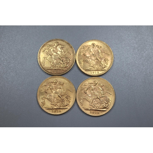 298 - Three George V gold full Sovereigns dated 1912, 1913 and 1914, together with an Edward VII gold full... 