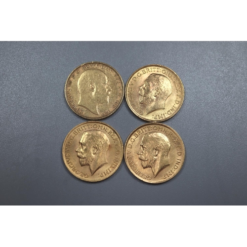 298 - Three George V gold full Sovereigns dated 1912, 1913 and 1914, together with an Edward VII gold full... 