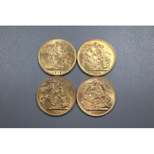 299 - Four George V gold full Sovereigns dated 1915, 1916, 1917 and 1918.  (4)   (B.P. 21% + VAT)