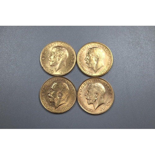 299 - Four George V gold full Sovereigns dated 1915, 1916, 1917 and 1918.  (4)   (B.P. 21% + VAT)