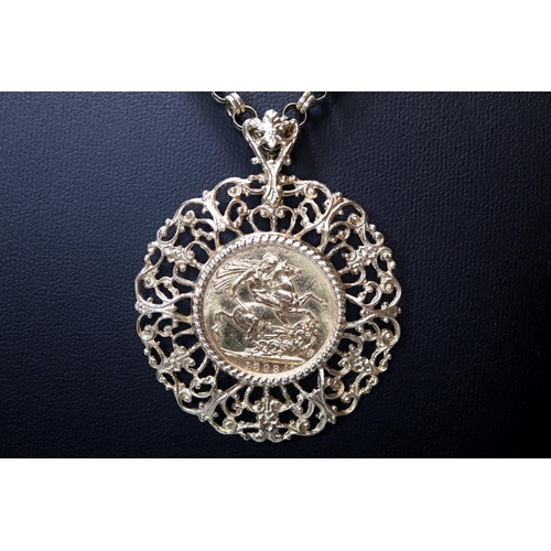 313 - Late Victorian gold full Sovereign dated 1893 in ornate 9ct gold pendant mount together with a 9ct g... 