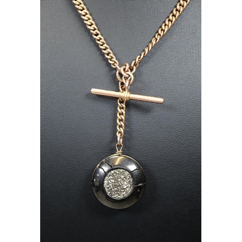 315 - 9ct gold T bar pocket watch chain with pendant stone.  Total weight 30g approx.   (B.P. 21% + VAT)