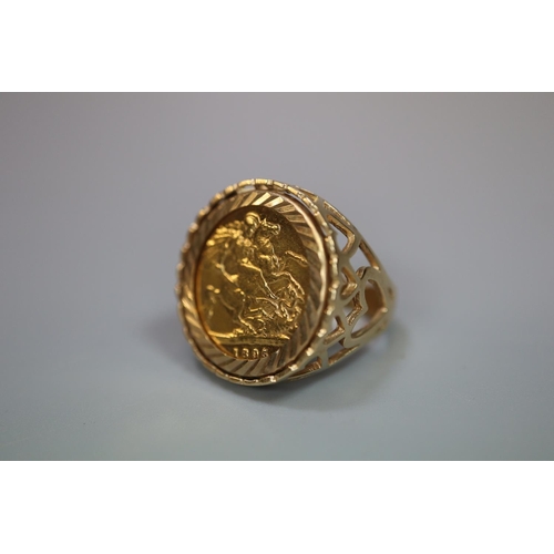 316 - Late Victorian gold half Sovereign dated 1895 set in a 9ct gold ring with heart decoration to the sh... 