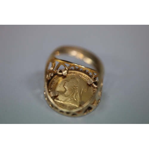 316 - Late Victorian gold half Sovereign dated 1895 set in a 9ct gold ring with heart decoration to the sh... 