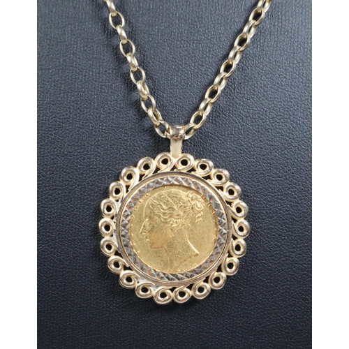 328 - Victorian gold Full Sovereign dated 1855 inset in 9ct gold ornate mount with 9ct gold curb link neck... 