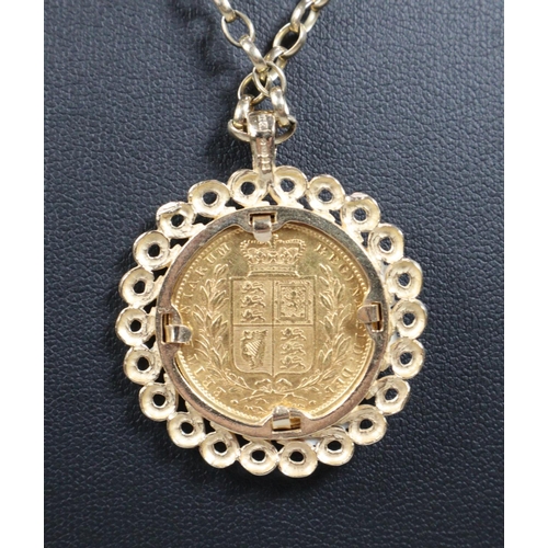 328 - Victorian gold Full Sovereign dated 1855 inset in 9ct gold ornate mount with 9ct gold curb link neck... 