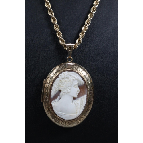 329 - 9ct gold rope twist necklace together with a 9ct gold cameo pendant locket with portrait of a maiden... 