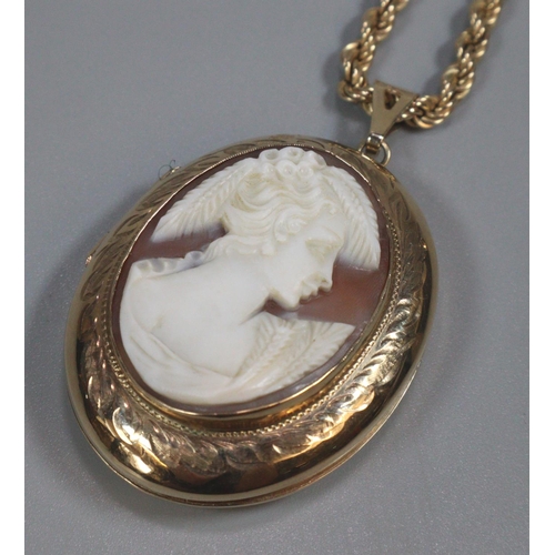 329 - 9ct gold rope twist necklace together with a 9ct gold cameo pendant locket with portrait of a maiden... 