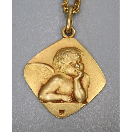 333 - Yellow metal curb link chain with pendant in relief of a winged cherub.  7.8g approx.  Purchased in ... 