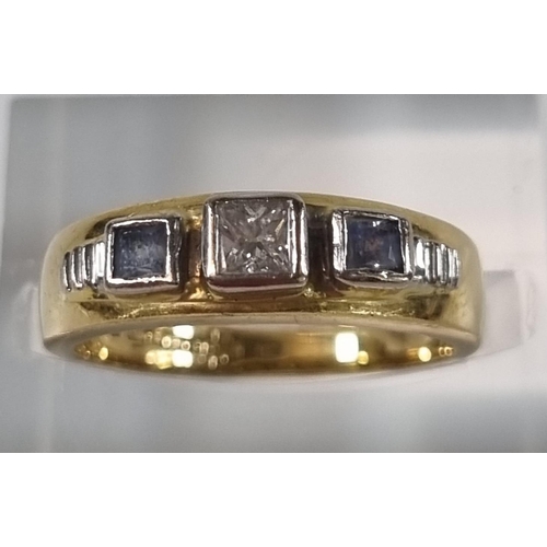 336 - 18ct Clogau diamond and sapphire three stone ring.  4.1g approx.  Size K.  With COA in associate box... 