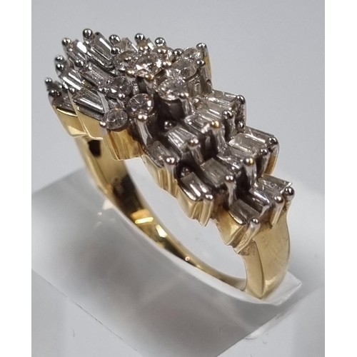 339 - 18ct gold multi cluster diamond ring, with repeating baguette design.  7.6g approx.  size O.  (B.P. ... 