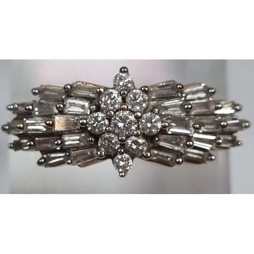 339 - 18ct gold multi cluster diamond ring, with repeating baguette design.  7.6g approx.  size O.  (B.P. ... 