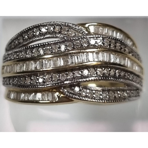 340 - 9ct gold modernist design diamond dress ring.  4.4g approx.  size O1/2.  (B.P. 21% + VAT)