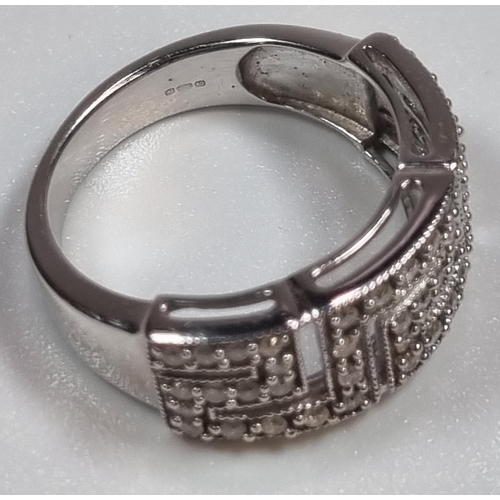 342 - 9ct white gold Greek Key design diamond ring.  6.3g approx.  Size N.  (B.P. 21% + VAT)