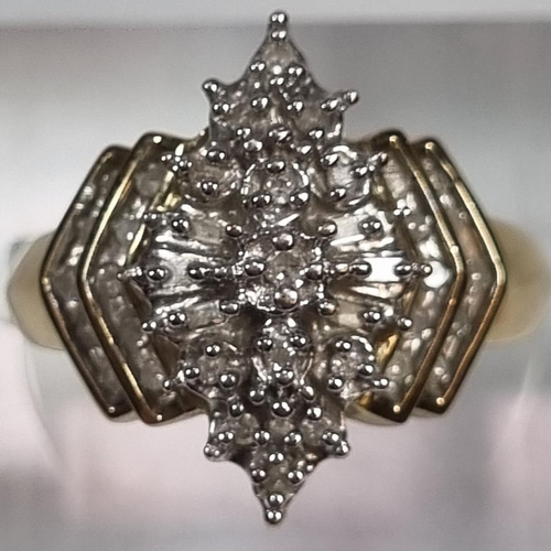 343 - Gold multi cluster diamond ring of stepped lozenge form, the crown shank with stepped diamond design... 