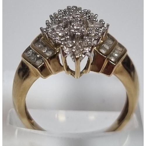 343 - Gold multi cluster diamond ring of stepped lozenge form, the crown shank with stepped diamond design... 