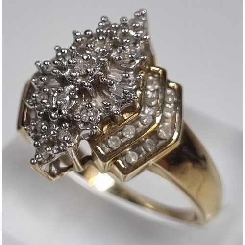 343 - Gold multi cluster diamond ring of stepped lozenge form, the crown shank with stepped diamond design... 