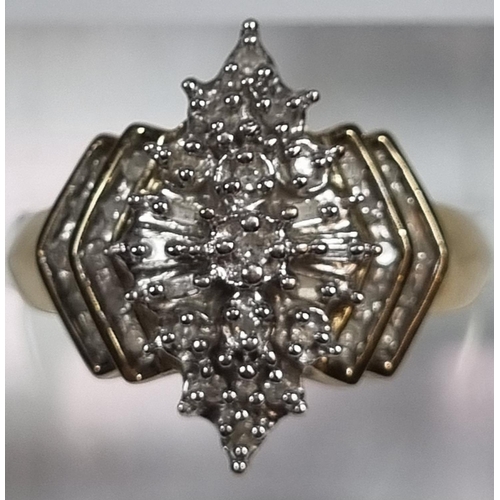 343 - Gold multi cluster diamond ring of stepped lozenge form, the crown shank with stepped diamond design... 