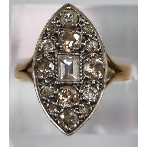 346 - 18ct gold Art Deco design Marquis shaped fifteen stone diamond ring, with central baguette cut stone... 