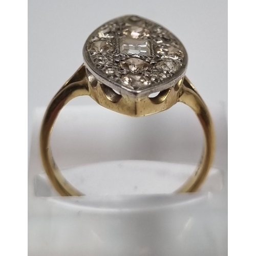 346 - 18ct gold Art Deco design Marquis shaped fifteen stone diamond ring, with central baguette cut stone... 