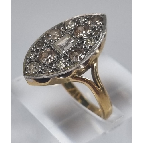 346 - 18ct gold Art Deco design Marquis shaped fifteen stone diamond ring, with central baguette cut stone... 