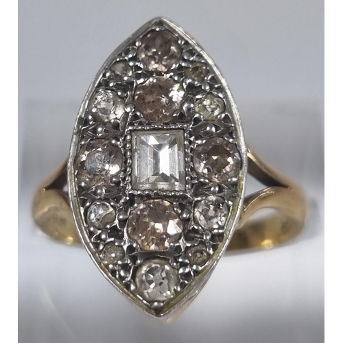 346 - 18ct gold Art Deco design Marquis shaped fifteen stone diamond ring, with central baguette cut stone... 