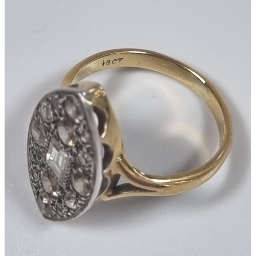 346 - 18ct gold Art Deco design Marquis shaped fifteen stone diamond ring, with central baguette cut stone... 