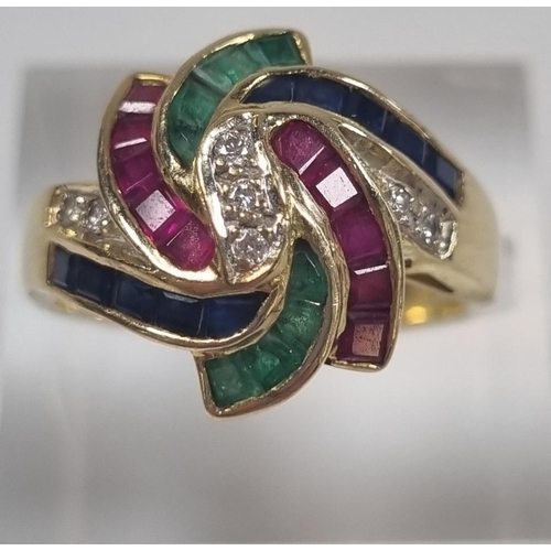 347 - 18ct gold modernist design ruby, sapphire, emerald and diamond ring, marked 750.  5.2g approx.  Size... 