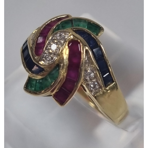 347 - 18ct gold modernist design ruby, sapphire, emerald and diamond ring, marked 750.  5.2g approx.  Size... 