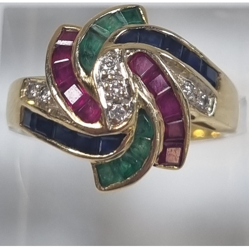 347 - 18ct gold modernist design ruby, sapphire, emerald and diamond ring, marked 750.  5.2g approx.  Size... 