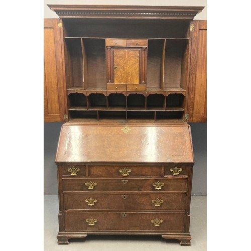 35 - 18th century pollard oak and burr walnut two stage bureau bookcase, the moulded and dental cornice a... 