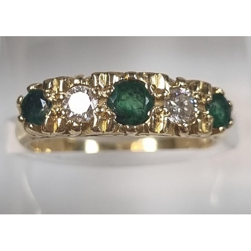 350 - Late 19th early 20th century 18ct gold five stone diamond and emerald ring, Sheffield hallmarks.  4.... 