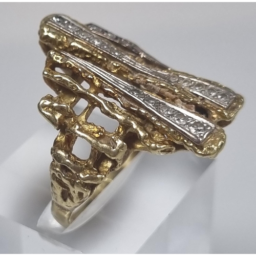 354 - Yellow metal modernist bark finish and diamond ring, set with four tapering rows of diamonds.  13.7g... 