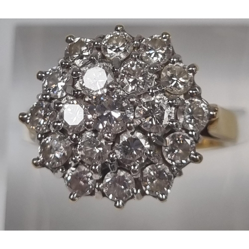 356 - 18ct gold multi cluster diamond ring, the stepped decoration set with approximately 20 diamonds.  6.... 