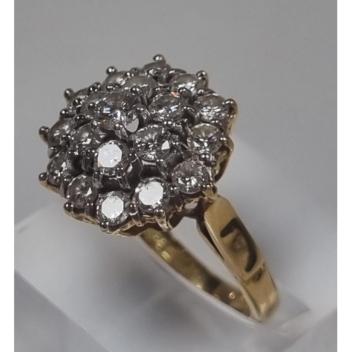 356 - 18ct gold multi cluster diamond ring, the stepped decoration set with approximately 20 diamonds.  6.... 