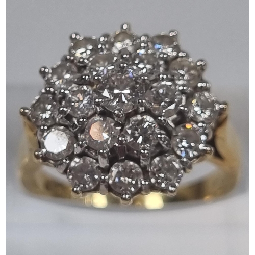 356 - 18ct gold multi cluster diamond ring, the stepped decoration set with approximately 20 diamonds.  6.... 