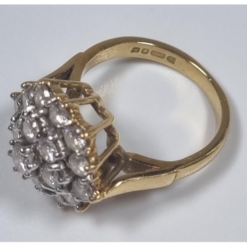 356 - 18ct gold multi cluster diamond ring, the stepped decoration set with approximately 20 diamonds.  6.... 