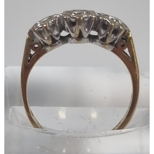 359 - 18ct gold three stone diamond ring in crown setting, the central stone 0.30 carat.  2.9g approx.  Si... 