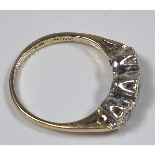 359 - 18ct gold three stone diamond ring in crown setting, the central stone 0.30 carat.  2.9g approx.  Si... 