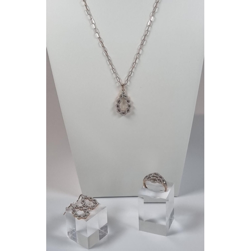 373 - 14ct gold and champagne diamond necklace and pendant with pair of matching earrings and ring.  13.2g... 