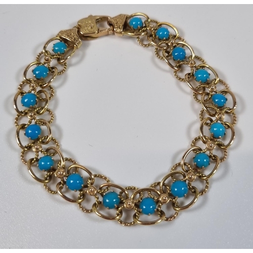 379 - 14ct gold sixteen stone turquoise bracelet.  13g approx.  19cm long approx.  (B.P. 21% + VAT)