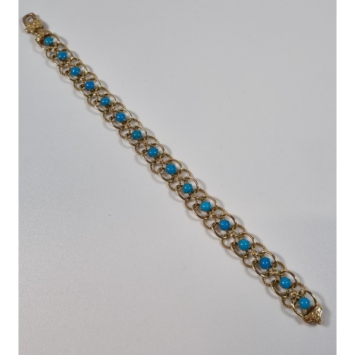 379 - 14ct gold sixteen stone turquoise bracelet.  13g approx.  19cm long approx.  (B.P. 21% + VAT)