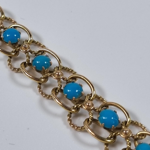 379 - 14ct gold sixteen stone turquoise bracelet.  13g approx.  19cm long approx.  (B.P. 21% + VAT)