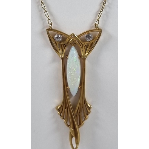 388 - 18ct gold necklace with Art Nouveau pendant inset with Marquis opal and two diamonds.  14.5g approx.... 