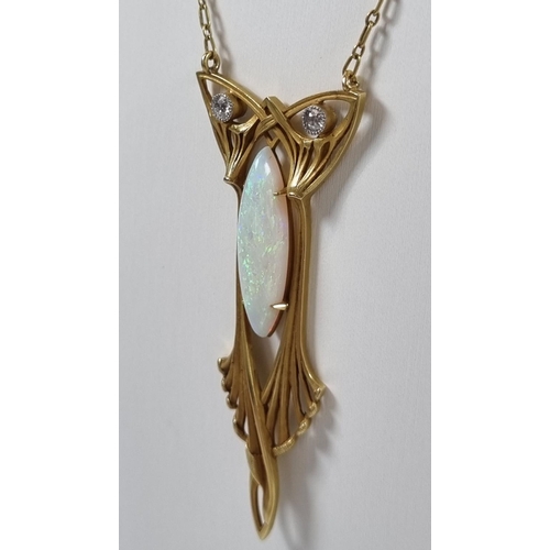 388 - 18ct gold necklace with Art Nouveau pendant inset with Marquis opal and two diamonds.  14.5g approx.... 