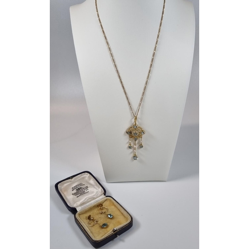 394 - Edwardian 15ct gold aqua marine and seed pearl set pendant with chain together with a pair of 9ct go... 